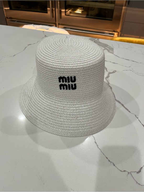 Miu Miu Accessories - Miu White  Woven Bucket Hat with Black Logo